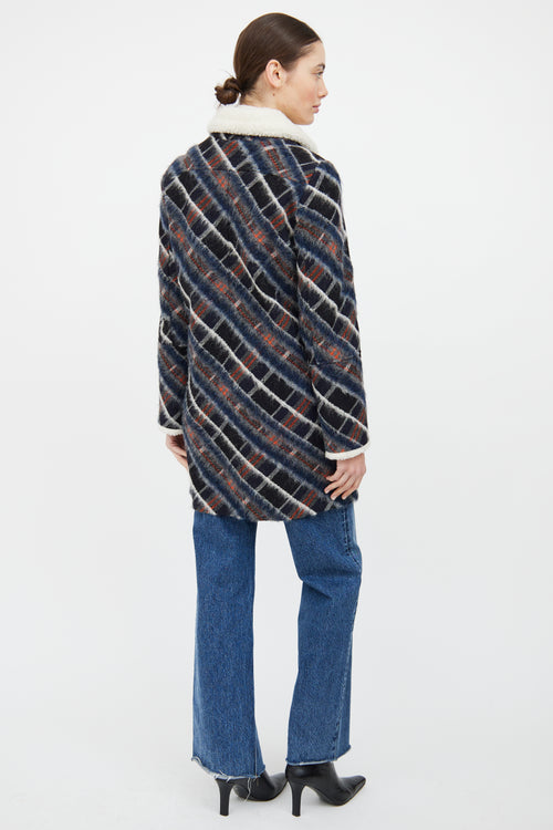 Kenzo Navy & Multi Wool Blend Plaid Coat