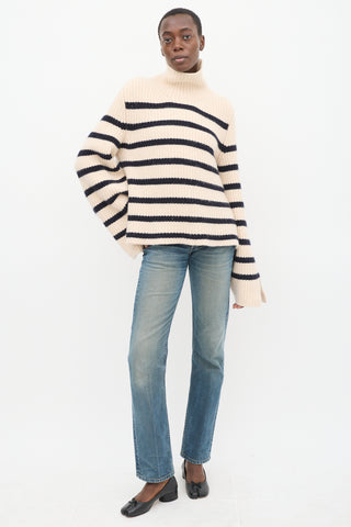 Khaite Cream & Navy Cashmere Striped Turtleneck