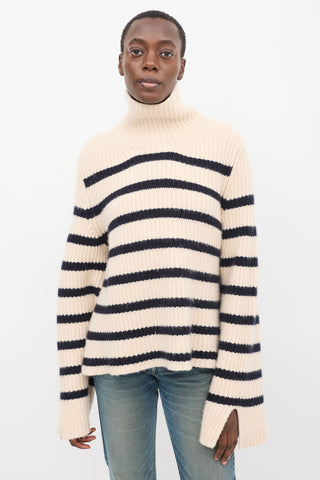 Khaite Cream & Navy Cashmere Striped Turtleneck