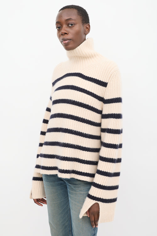 Khaite Cream & Navy Cashmere Striped Turtleneck