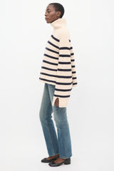 Khaite Cream & Navy Cashmere Striped Turtleneck