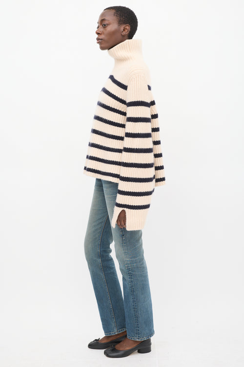 Khaite Cream & Navy Cashmere Striped Turtleneck