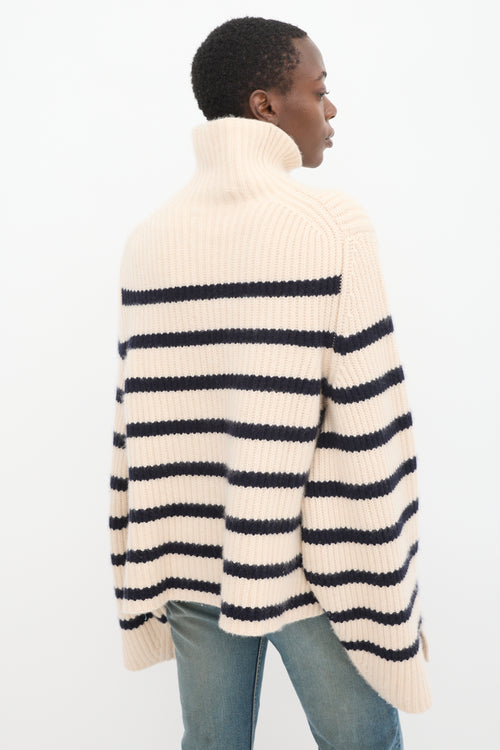 Khaite Cream & Navy Cashmere Striped Turtleneck