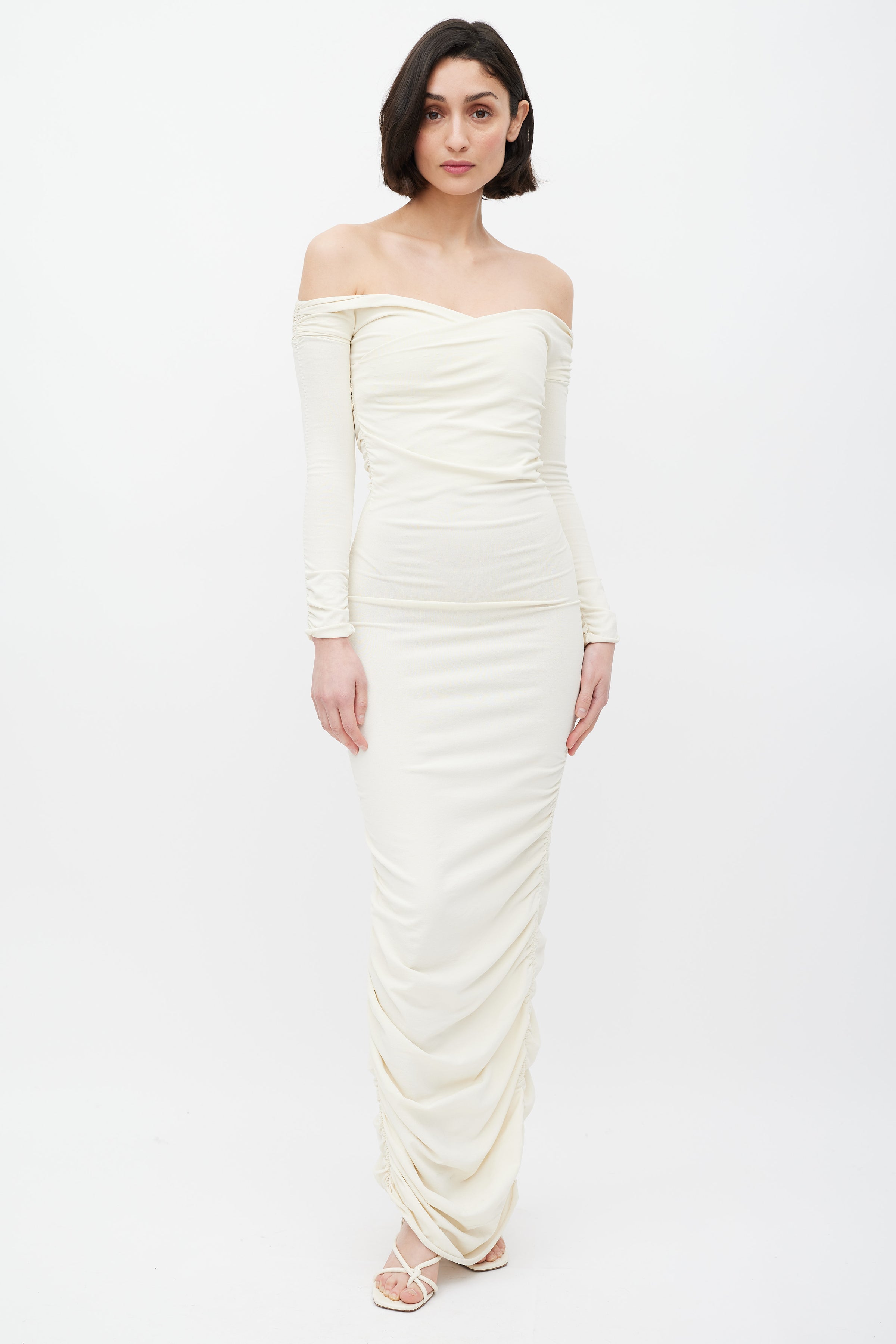 Khaite // Cream Ruched Off Shoulder Lydia Dress VSP Consignment Khaite // Cream Ruched Off Shoulder Lydia Dress VSP Consignment