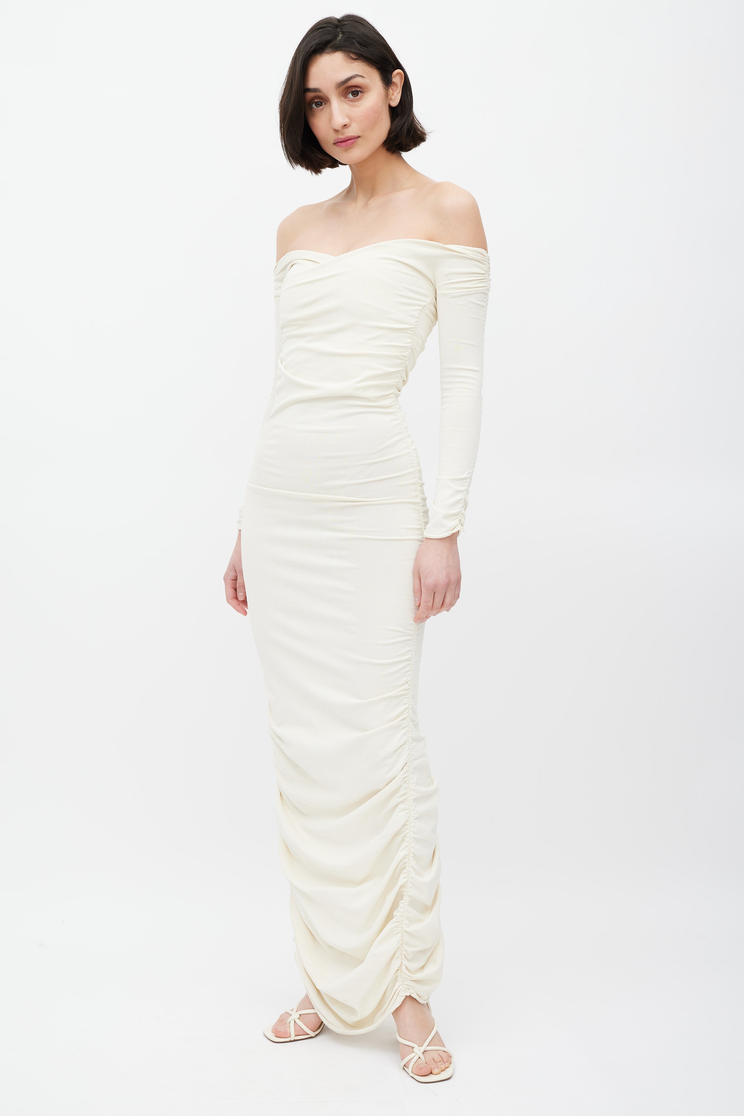 Khaite // Cream Ruched Off Shoulder Lydia Dress VSP Consignment Khaite // Cream Ruched Off Shoulder Lydia Dress VSP Consignment