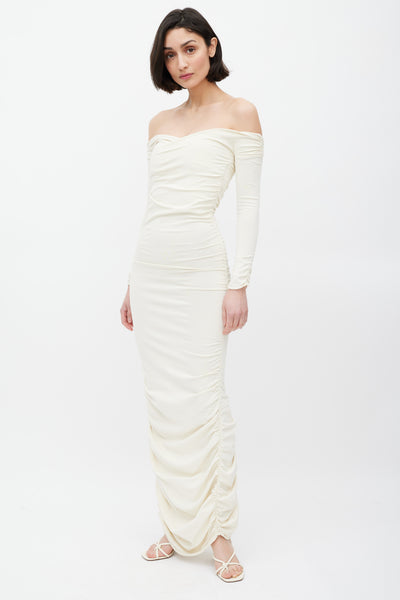 Khaite // Cream Ruched Off Shoulder Lydia Dress – VSP Consignment