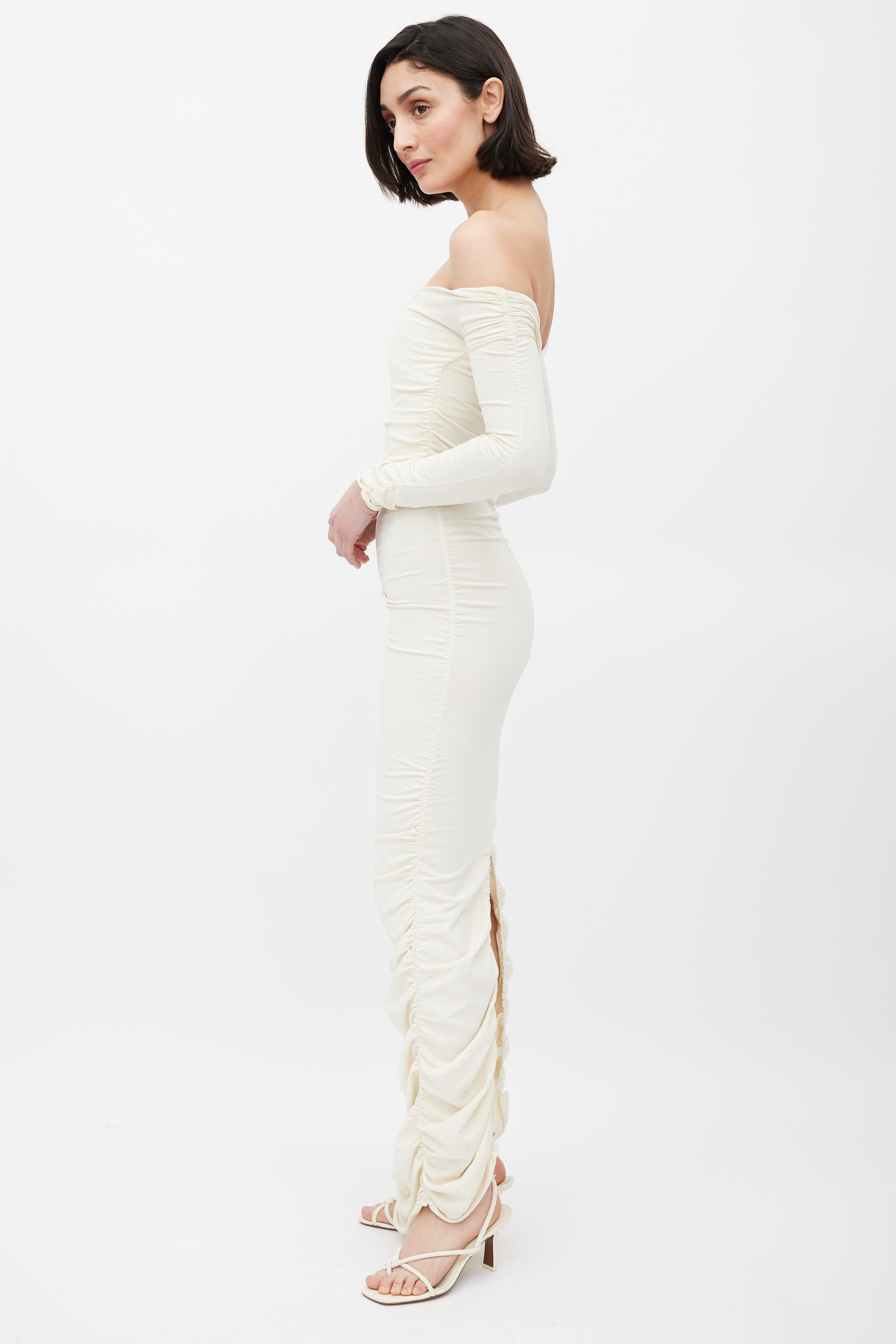 Khaite // Cream Ruched Off Shoulder Lydia Dress VSP Consignment Khaite // Cream Ruched Off Shoulder Lydia Dress VSP Consignment