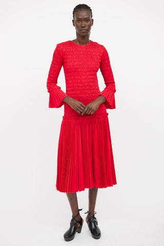 Khaite Red Smocked Ruffled Midi Dress