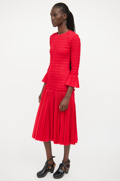 Khaite Red Smocked Ruffled Midi Dress