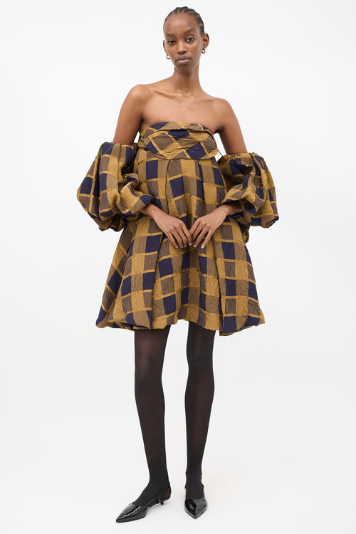 Khaite Yellow & Navy Check Katerina Off Shoulder Dress