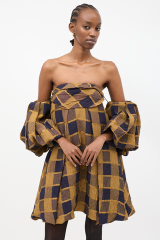 Khaite Yellow & Navy Check Katerina Off Shoulder Dress