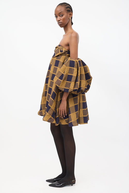 Khaite Yellow & Navy Check Katerina Off Shoulder Dress
