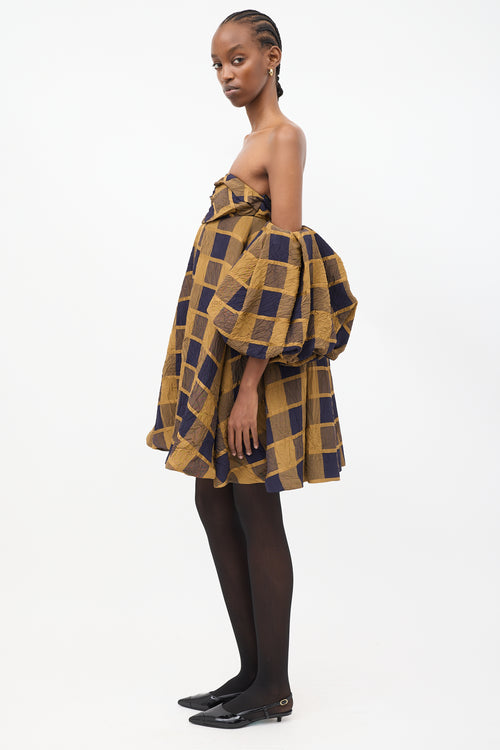 Khaite Yellow & Navy Check Katerina Off Shoulder Dress