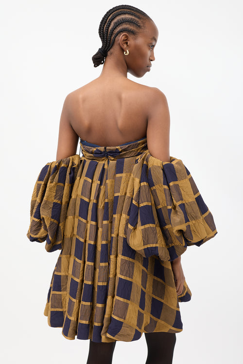 Khaite Yellow & Navy Check Katerina Off Shoulder Dress