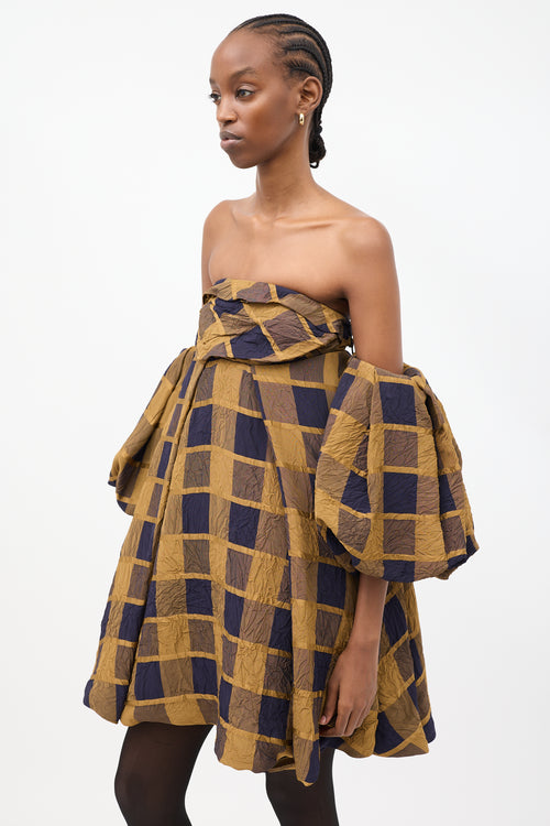 Khaite Yellow & Navy Check Katerina Off Shoulder Dress