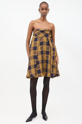 Khaite Yellow & Navy Check Katerina Off Shoulder Dress