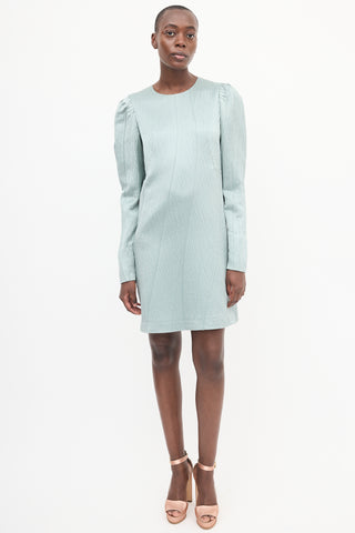 Lanvin Teal Wool & Silk Metallic Puff Sleeve Dress