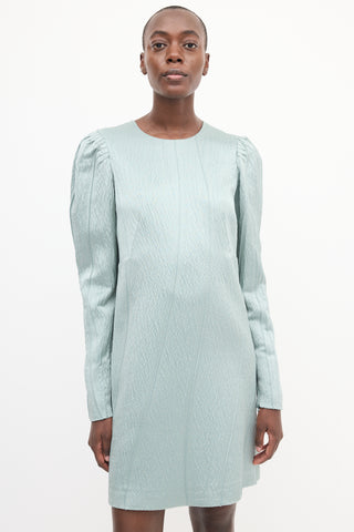 Lanvin Teal Wool & Silk Metallic Puff Sleeve Dress