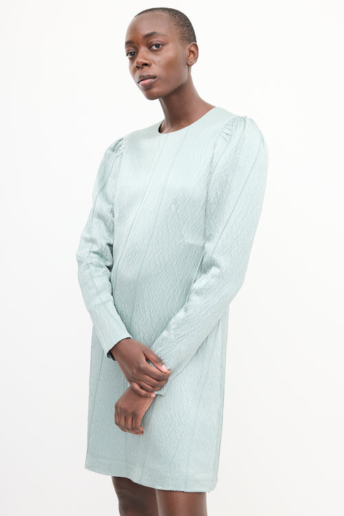 Lanvin Teal Wool & Silk Metallic Puff Sleeve Dress