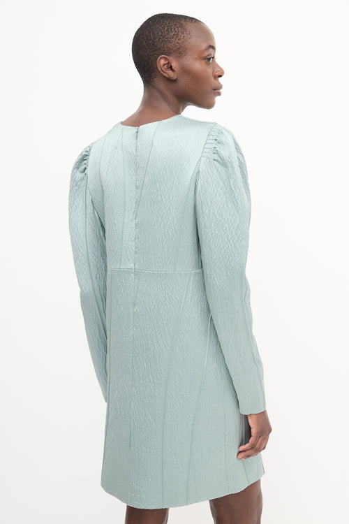 Lanvin Teal Wool & Silk Metallic Puff Sleeve Dress