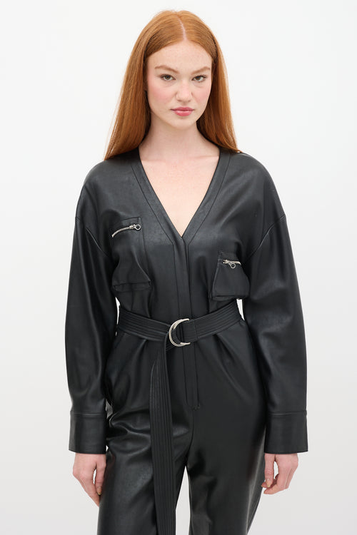 LAPOINTE Black Faux Leather Belted Jumpsuit