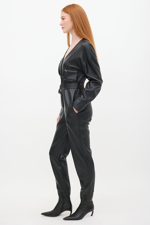 LAPOINTE Black Faux Leather Belted Jumpsuit