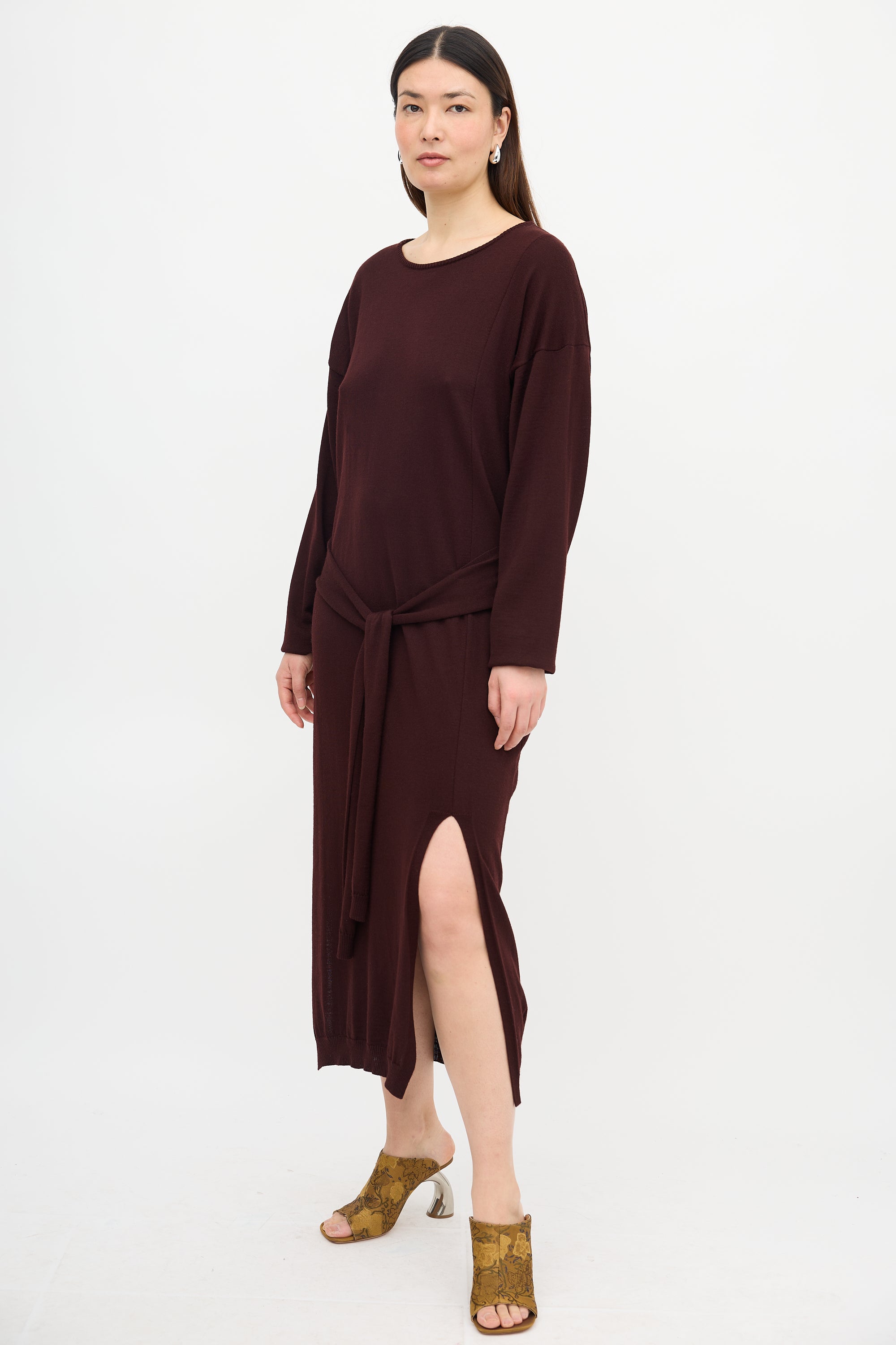 lemaire knit dress Belted wool-blend turtleneck midi dress - taupe