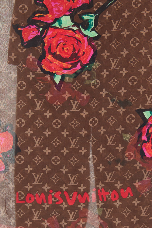 Louis Vuitton Brown & Red Rose Silk Scarf