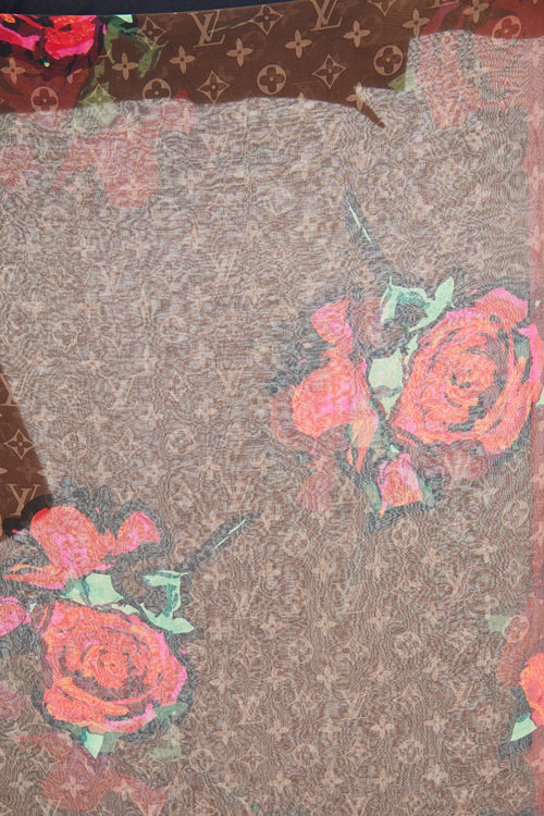 Louis Vuitton Brown & Red Rose Silk Scarf