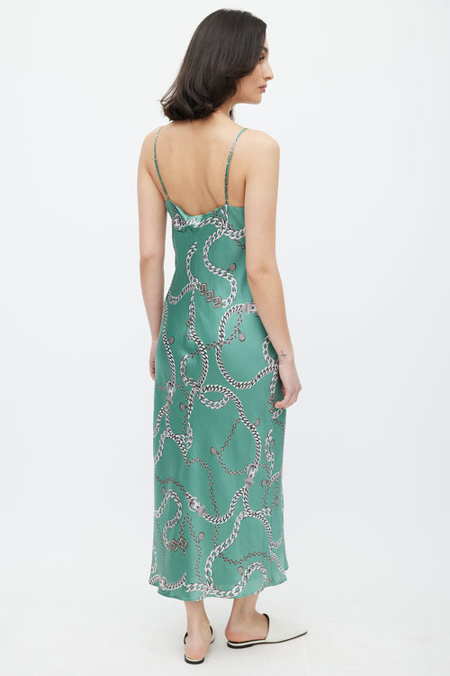 L'Agence Green & Grey Silk Chain Printed Dress