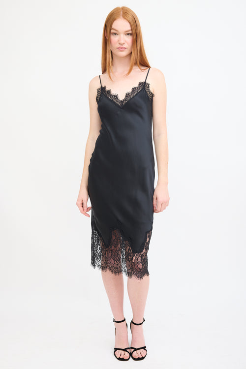 L'agence Black Silk & Lace Midi Slip Dress