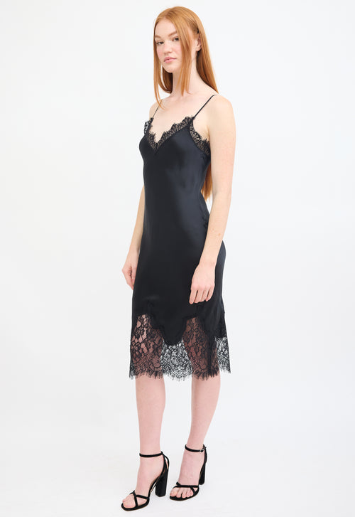 L'agence Black Silk & Lace Midi Slip Dress