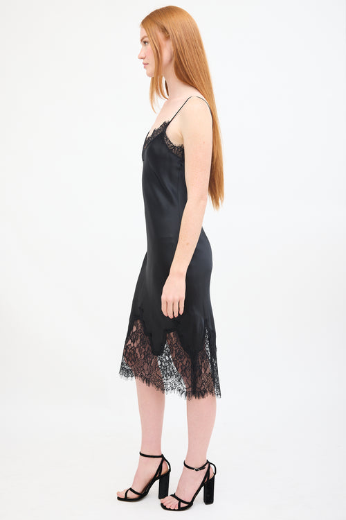 L'agence Black Silk & Lace Midi Slip Dress