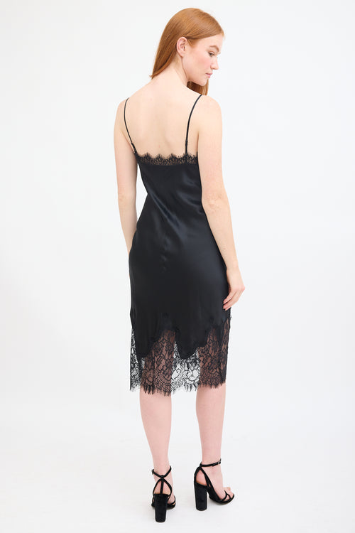 L'agence Black Silk & Lace Midi Slip Dress