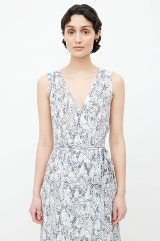 L'Agence White & Grey Silk Print Wrap Dress
