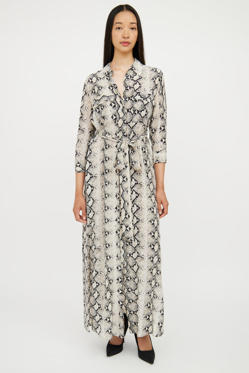 L'agence Beige & Black Print Silk Shirt Dress