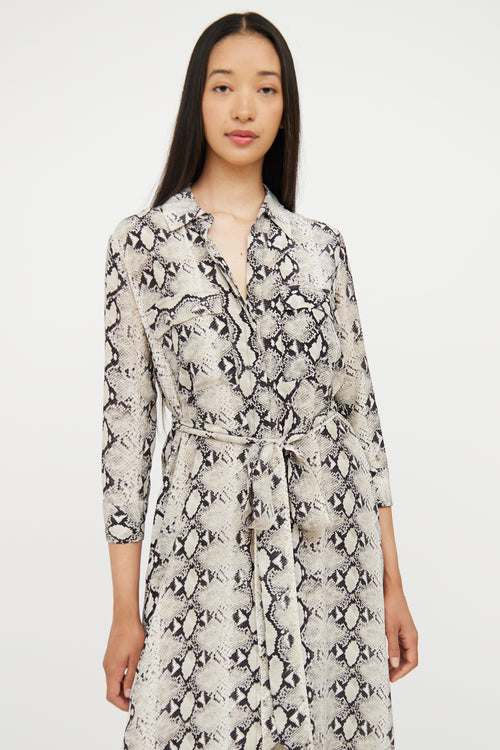 L'agence Beige & Black Print Silk Shirt Dress