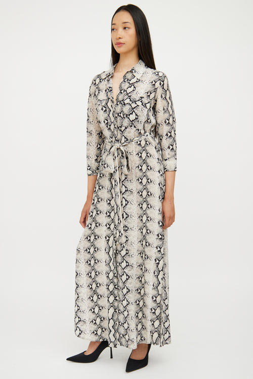 L'agence Beige & Black Print Silk Shirt Dress