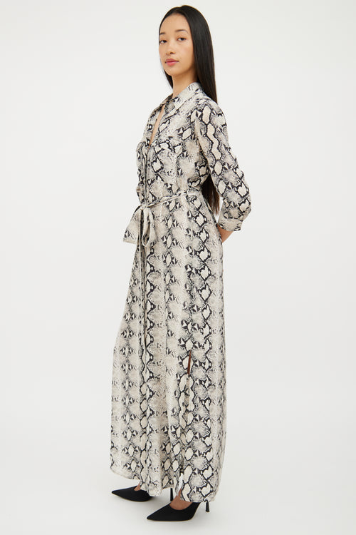 L'agence Beige & Black Print Silk Shirt Dress