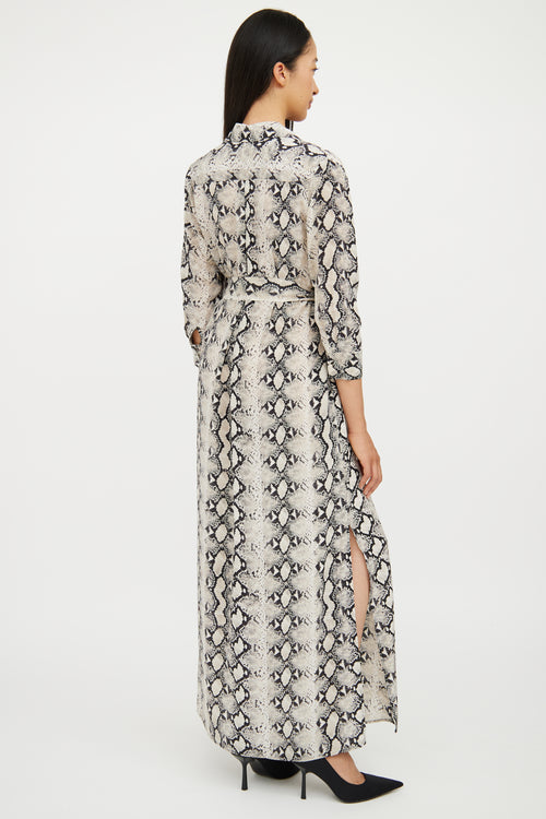 L'agence Beige & Black Print Silk Shirt Dress