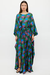 La DoubleJ Blue & Multicolour Floral Belted Kaftan Dress
