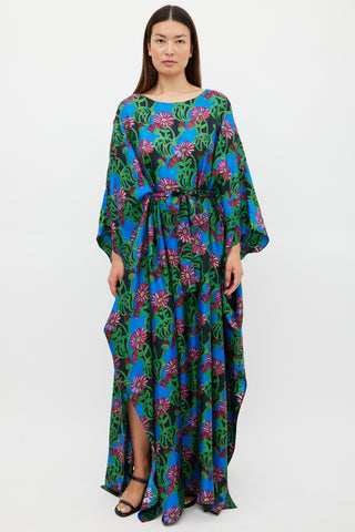La DoubleJ Blue & Multicolour Floral Belted Kaftan Dress