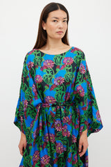 La DoubleJ Blue & Multicolour Floral Belted Kaftan Dress