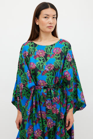 La DoubleJ Blue & Multicolour Floral Belted Kaftan Dress