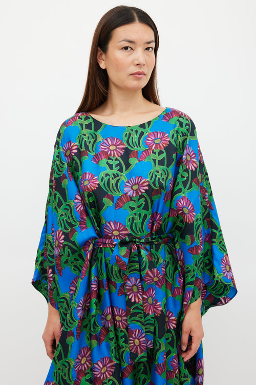 La DoubleJ Blue & Multicolour Floral Belted Kaftan Dress