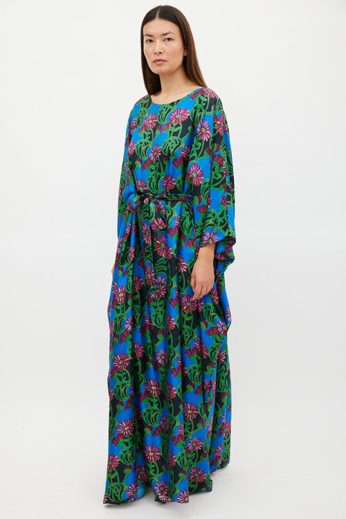 La DoubleJ Blue & Multicolour Floral Belted Kaftan Dress
