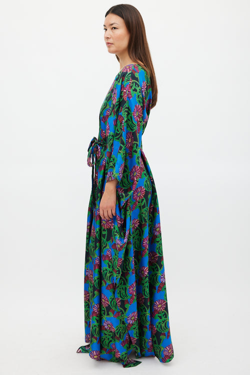 La DoubleJ Blue & Multicolour Floral Belted Kaftan Dress