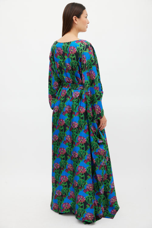 La DoubleJ Blue & Multicolour Floral Belted Kaftan Dress