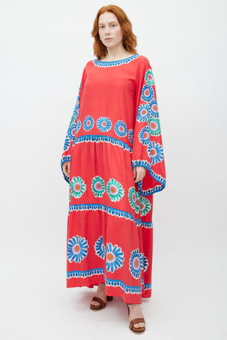 La DoubleJ Red & Multicolour Floral Silk Dress
