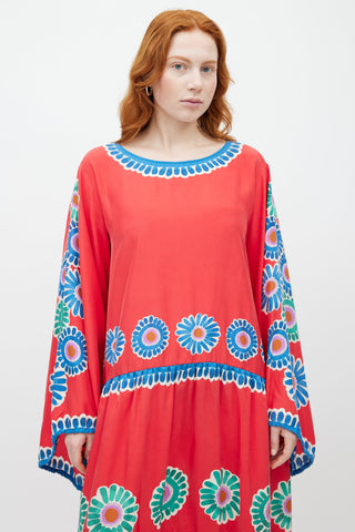 La DoubleJ Red & Multicolour Floral Silk Dress